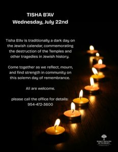 Tisha B'Av is traditionally a dark day on the Jewish calendar, commemorating the destruction of the Temples and other tragedies in Jewish history. Come together as we reflect, mourn, and find stre-3